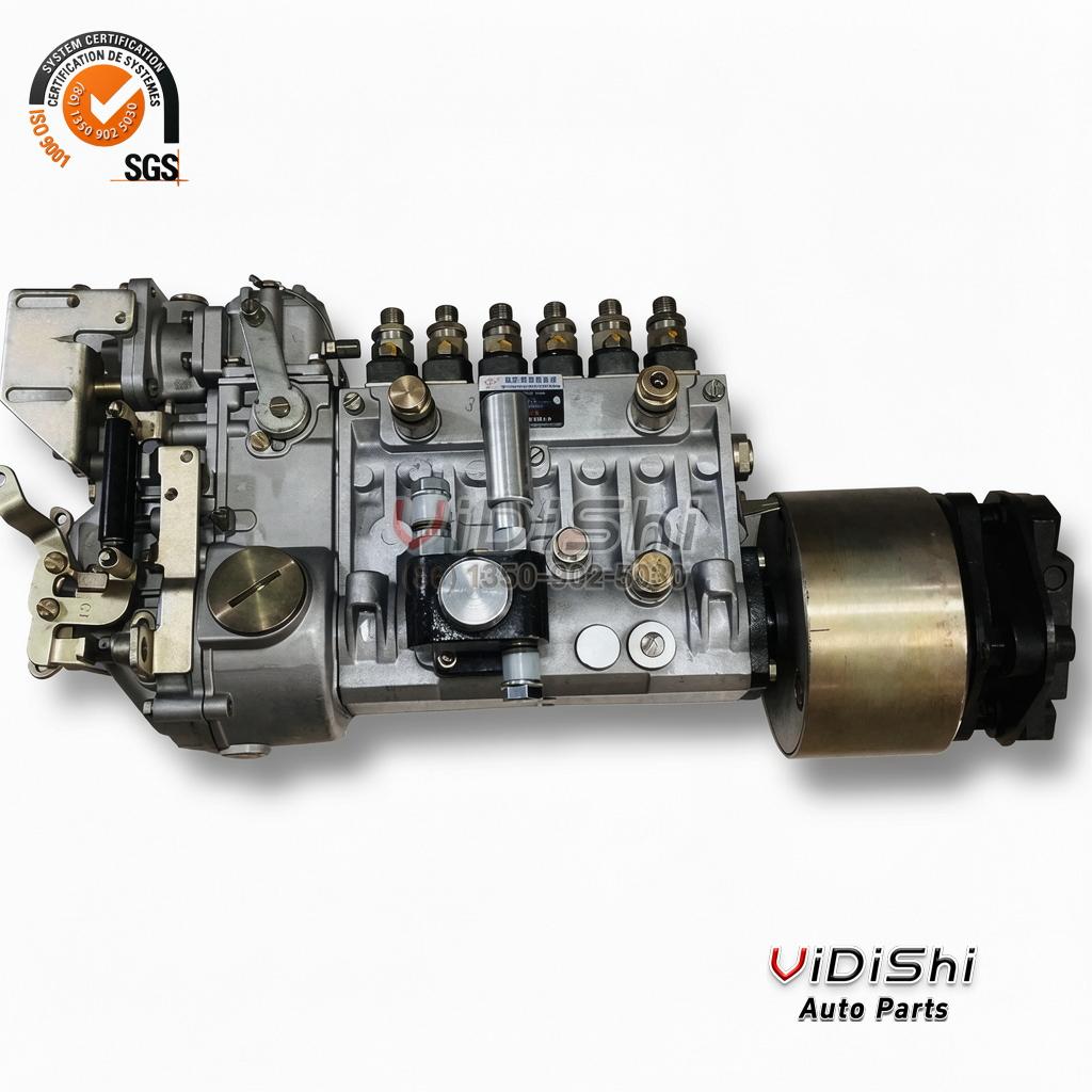 BHT6PA110 Inline Fuel Injection Pump for Dachai 6DE2 Diesel BP11C8 4 BHT6PA110 inline fuel injection pump, flank view with a two-part data plate on the cast body beside the delivery valves