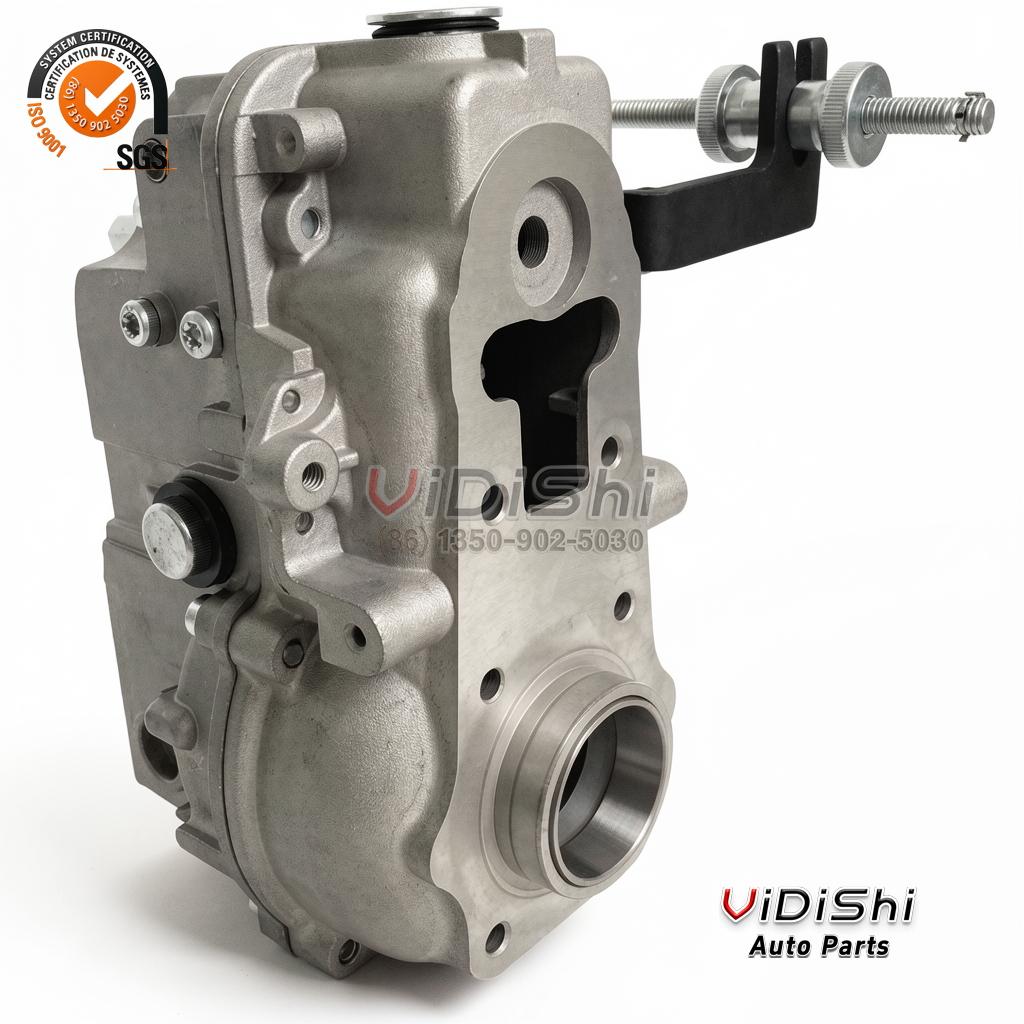 RSV governor cast alloy body, three-quarter flank view, stepped top cover, plugged ports and a linkage arm at the right