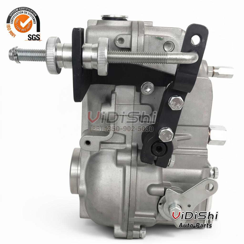 CRSV425750A0C315R RSV Governor 10 420 235 215 for Inline Fuel Pump 4 RSV governor drive end, splined stub and hub boss at the left, linkage arm pivoting on a black plate with two hex bolts