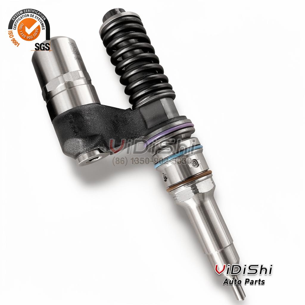 A 0414701013 diesel unit injector laid out full length on a white background with the nozzle at the right