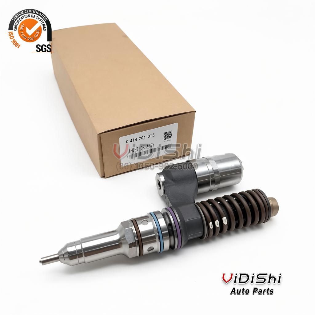 A plain carton beside a 0414701013 unit injector, the carton label printed 0 414 701 013 injector assy
