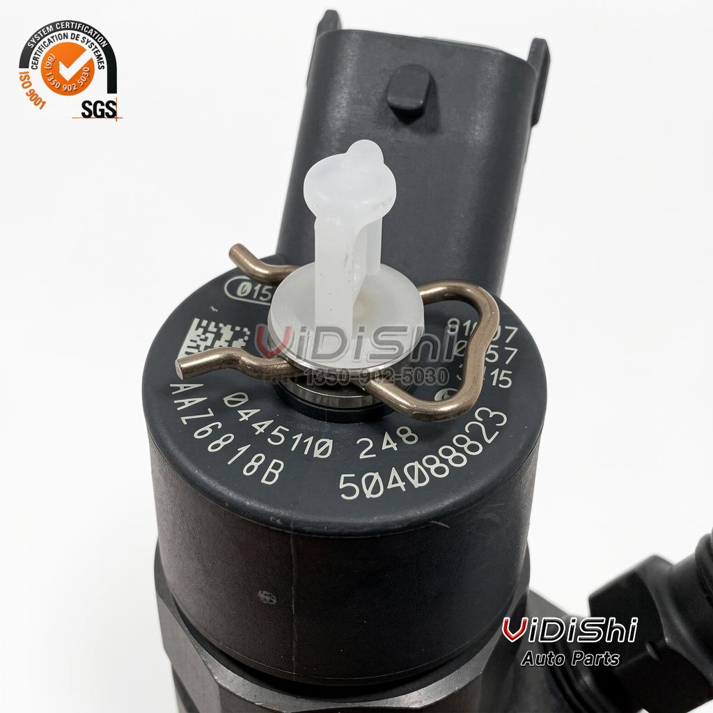 All Products 7 0445110247 injector held up showing the marked cap reading 0445110248 and 504088823