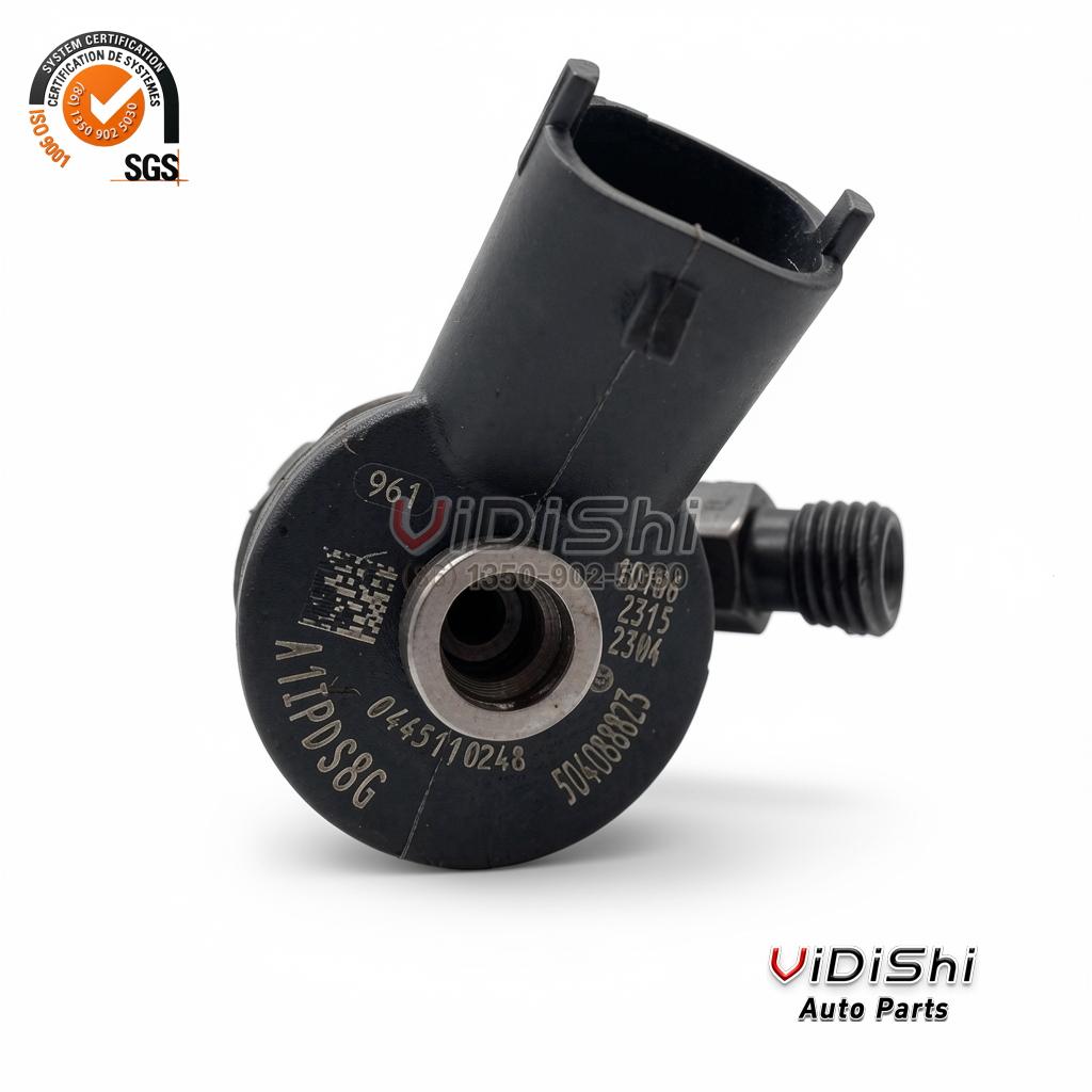 0445110247 Common Rail Injector for Fiat Ducato Iveco 3.0 Multijet 4 Close view of the part number marking on the solenoid cap showing 0445110248 and 504088823