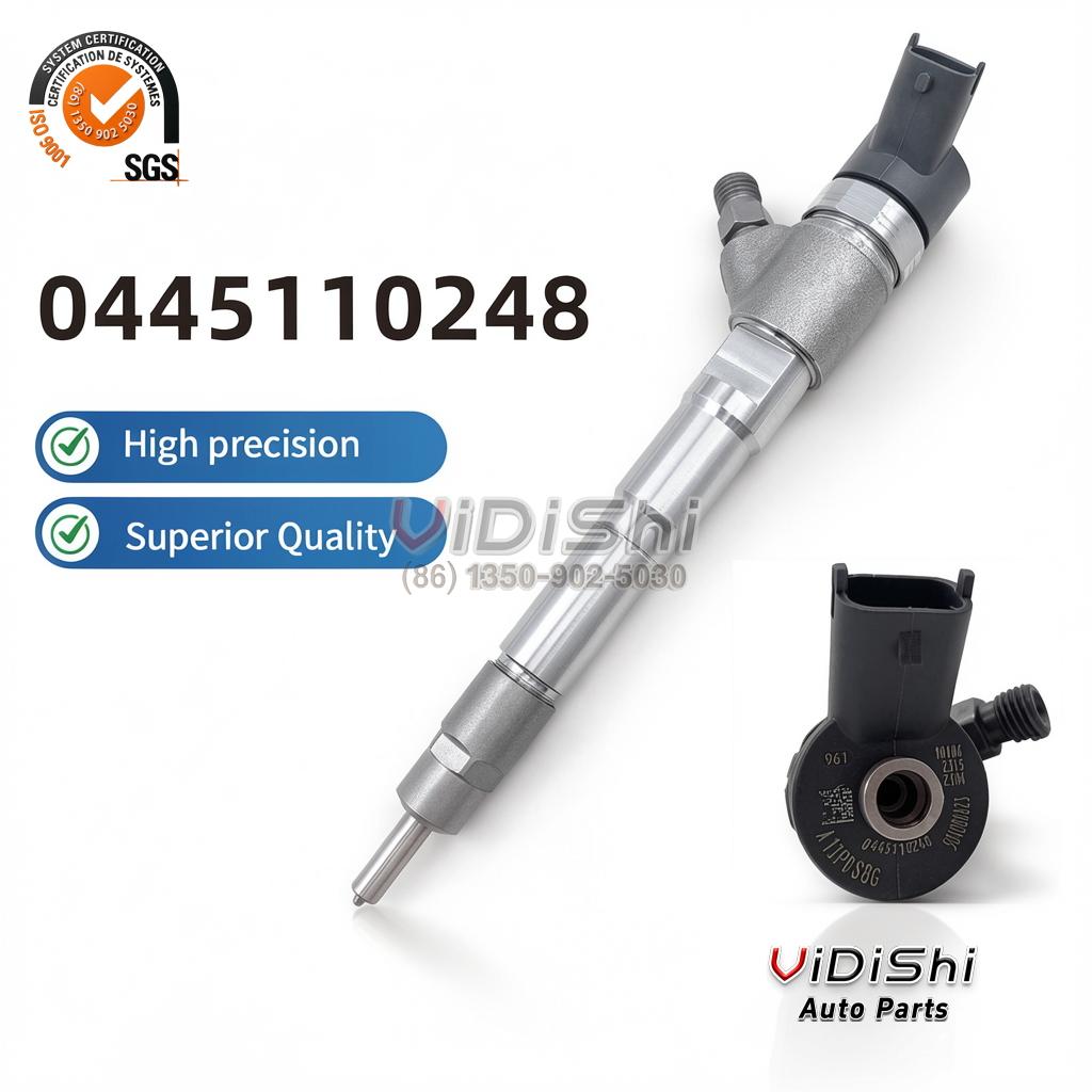 0445110248 Common Rail Injector for Fiat Ducato Iveco Daily 3.0 4 0445110248 injector on a diagonal with the head marking inset