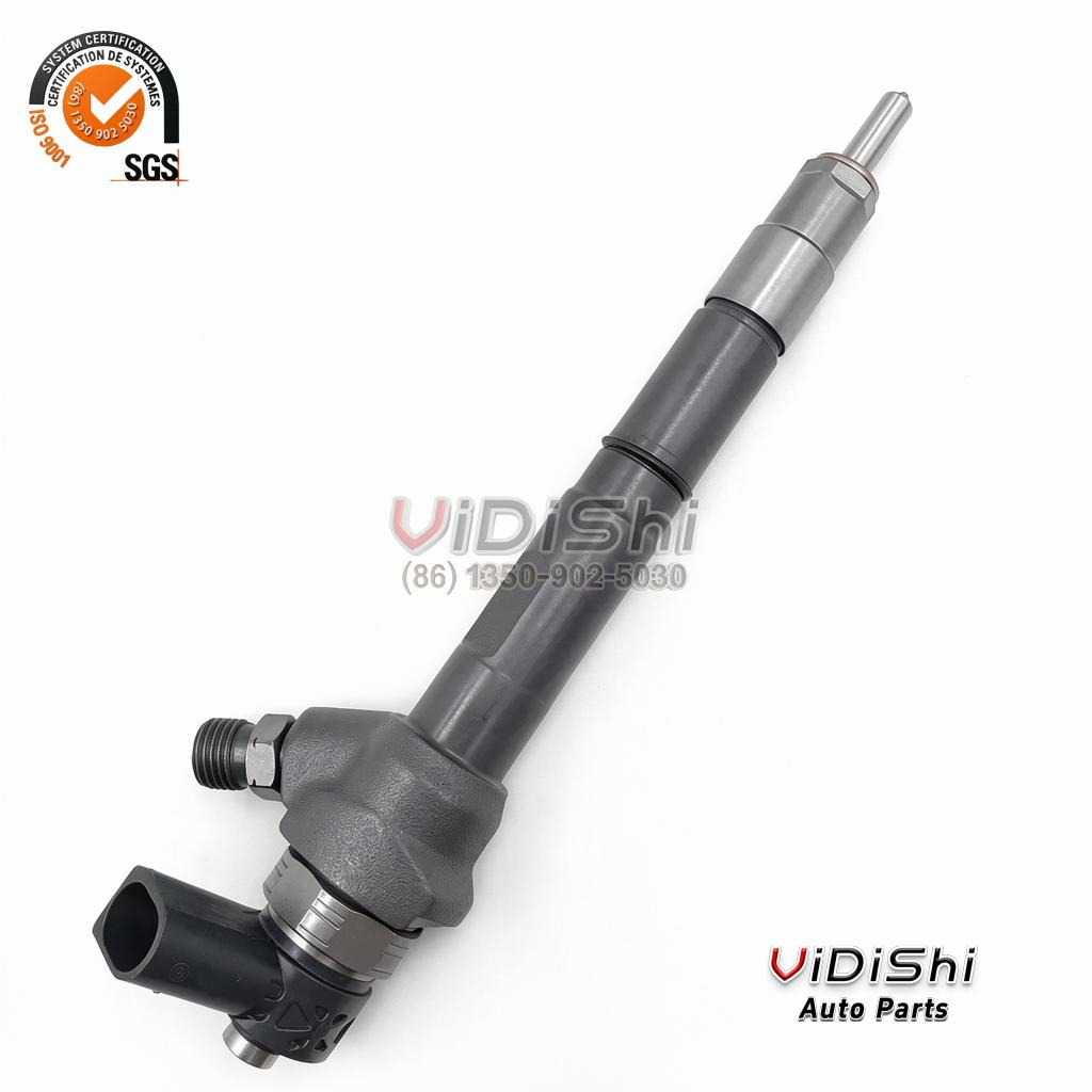 A 0445110250 common rail injector tilted diagonally with the inlet union toward the upper right