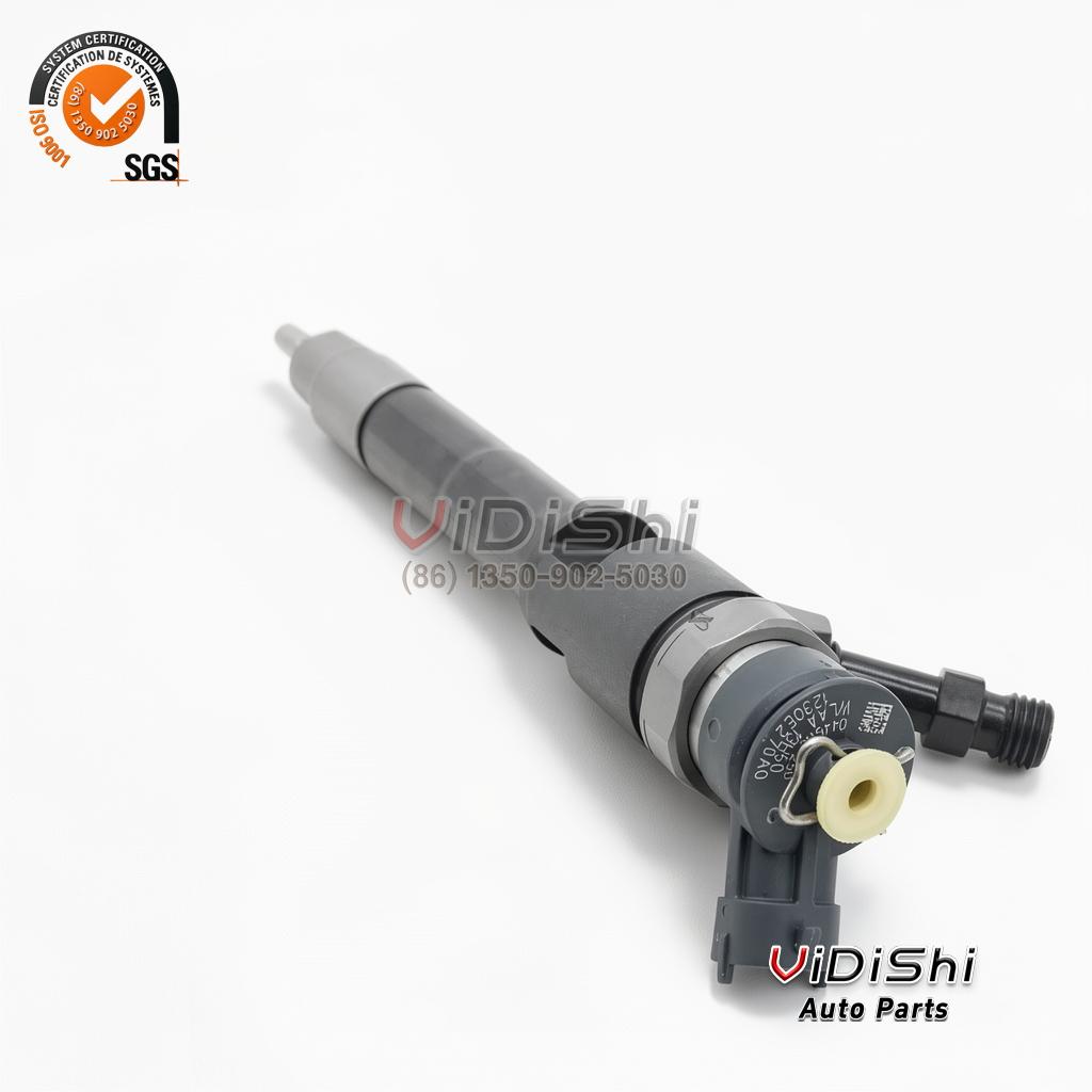 All Products 10 A 0445110250 injector held upright in a gloved hand, showing the whole assembly beside the hand for scale