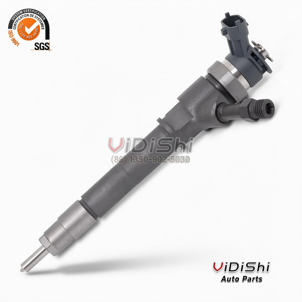 0445110250 Injector for Ford Ranger Mazda BT50 Diesel 5 Four 0445110250 injectors standing in a row with the brass terminal posts up and caps on the spray tips