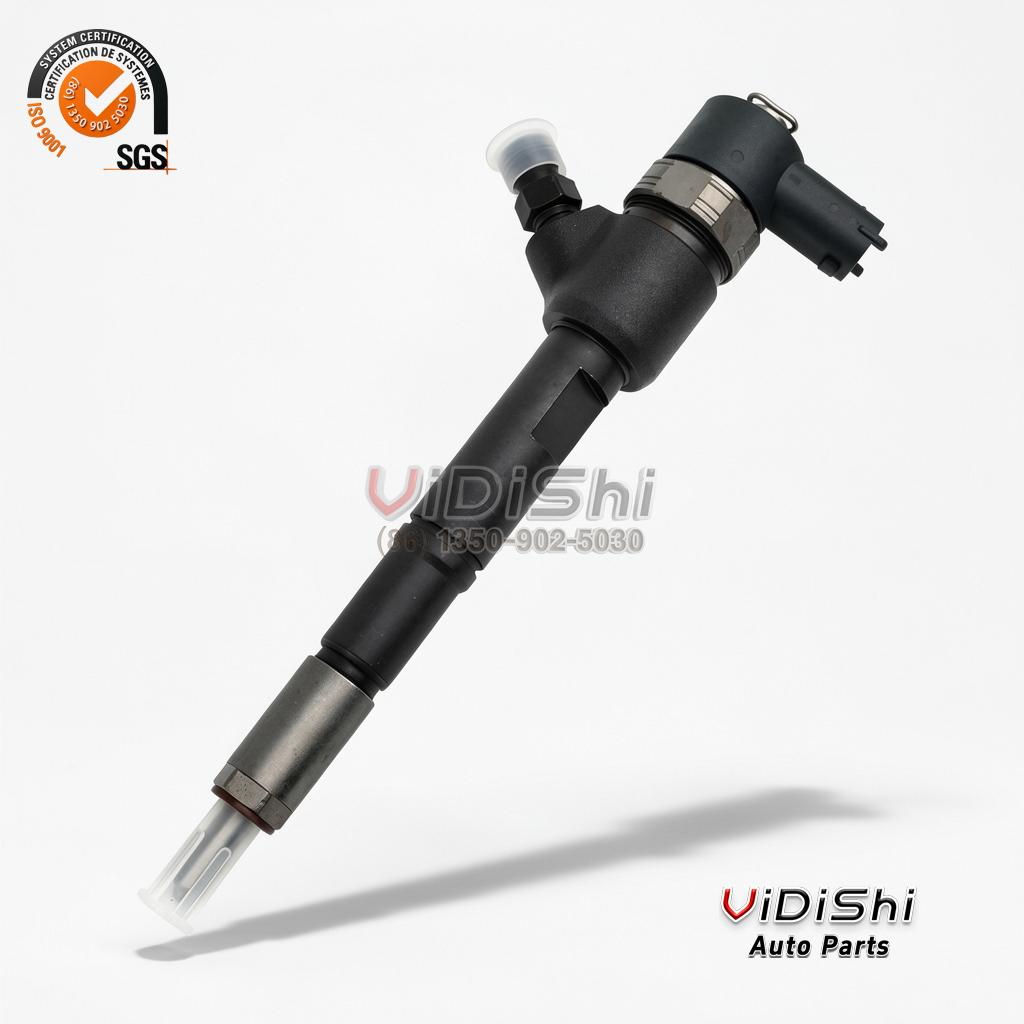 A 0445110291 common rail injector tilted at an angle with its spray tip toward the camera