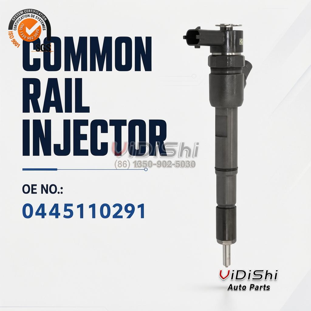Supplier card reading Common Rail Injector with the OE number 0445110291 beside one unit