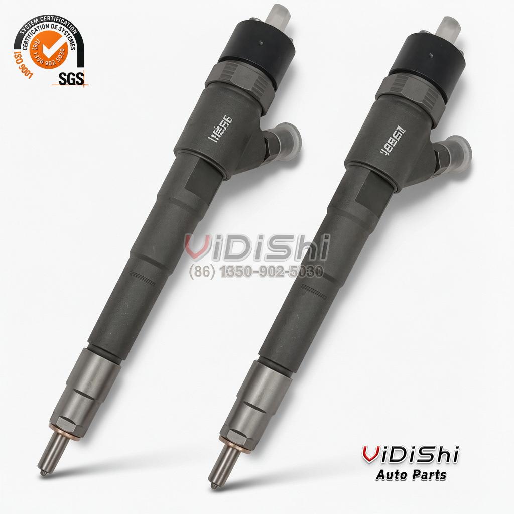 0445110435 common rail injector (Bosch 0 445 110 435 reference) — two units side by side, nozzle tips down