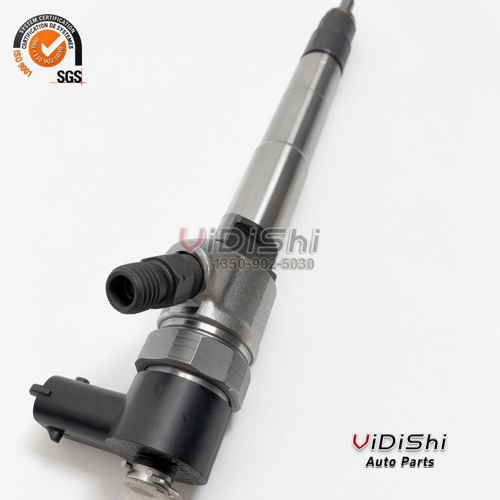 0445110435 common rail injector (Bosch 0 445 110 435 reference) — tilted unit, nozzle tip upper right