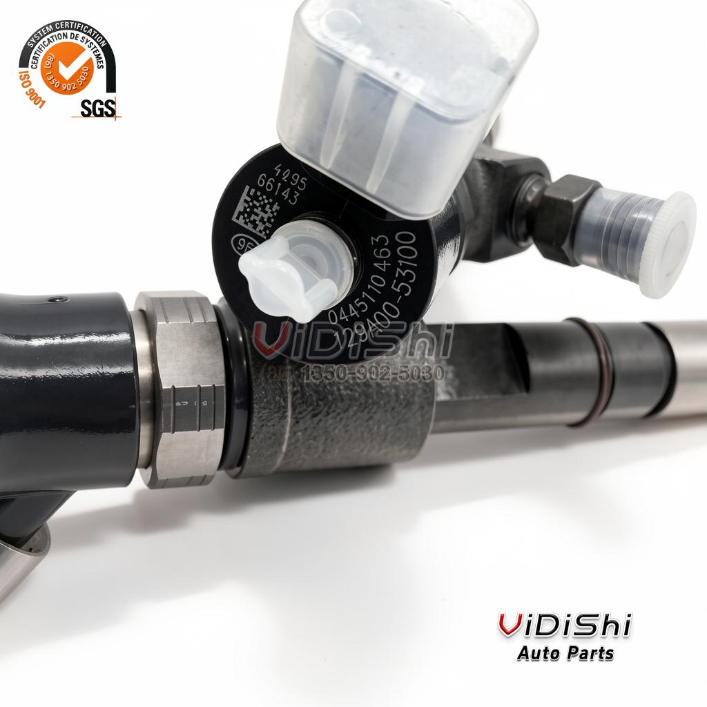 0445110463 Common Rail Injector for Yanmar TNV88 3 0445110463 injector code marking and inlet fitting close up