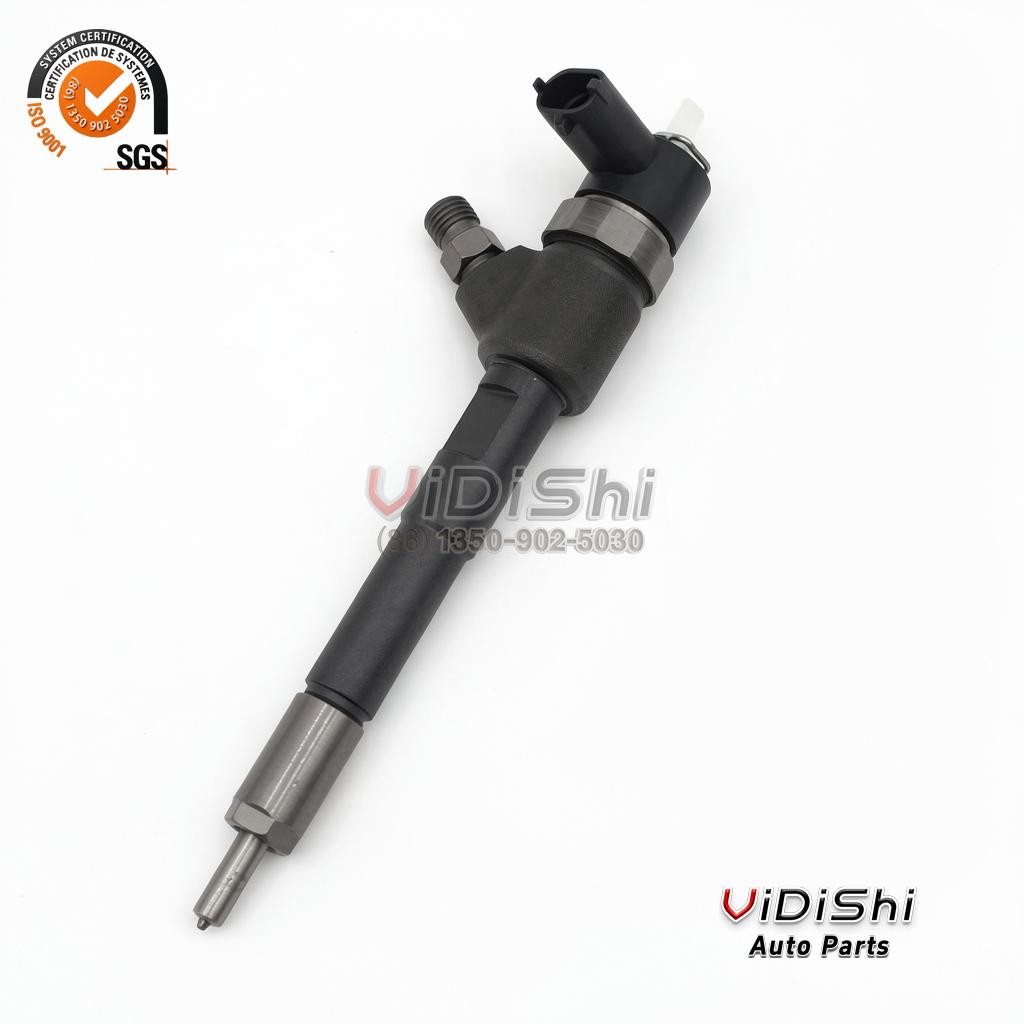 A 0445110464 diesel injector tilted diagonally with its spray tip toward the lower left and the connector up