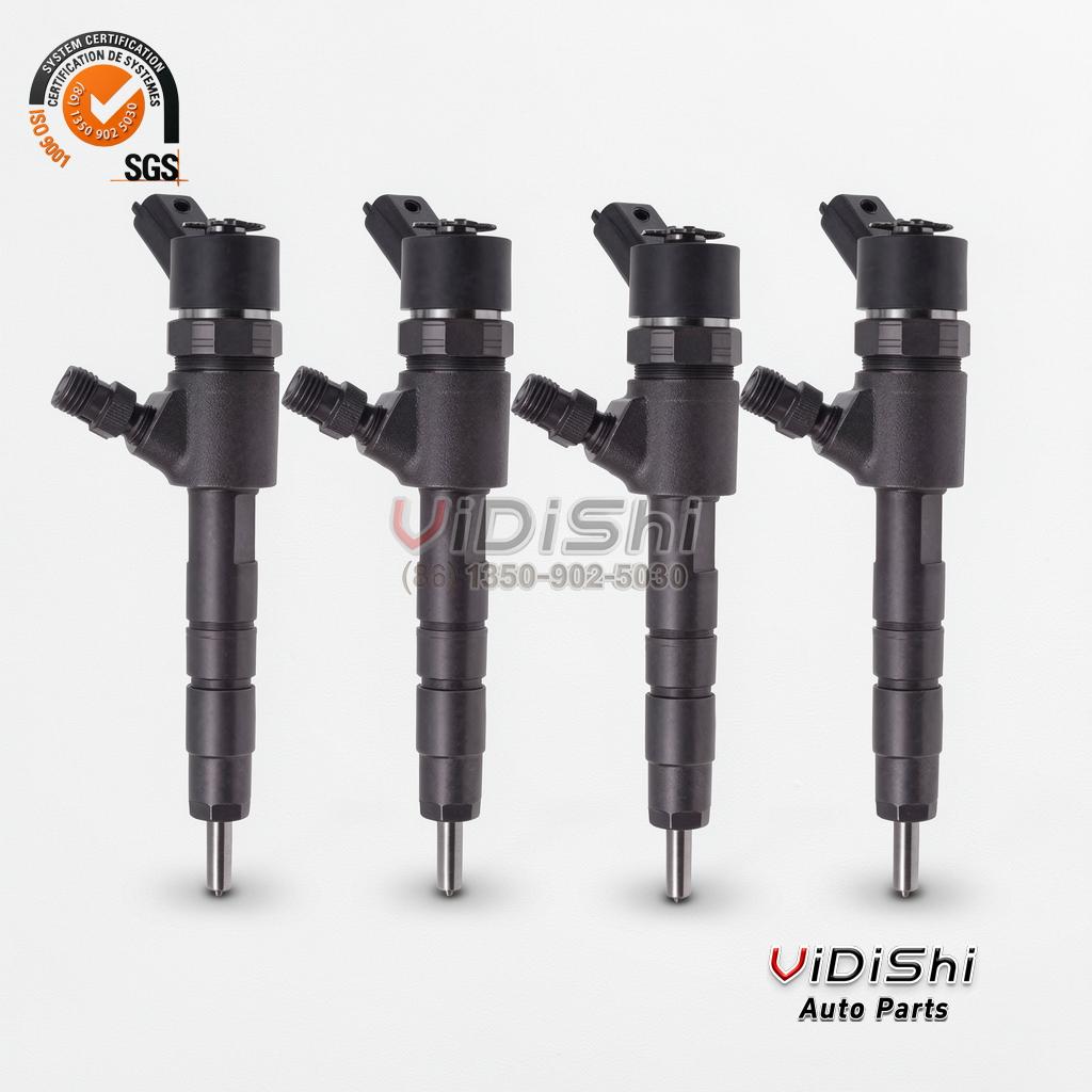 0445110464 Injector Replacement for Yanmar and John Deere Diesel 4 Four 0445110464 injectors standing in a row as a full engine set, connectors up and tips down