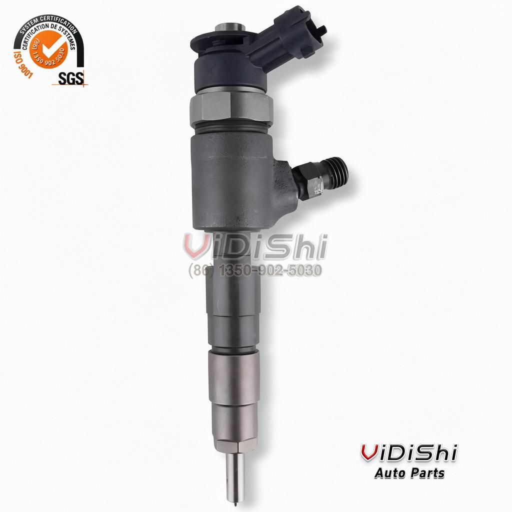 0445110464 Injector Replacement for Yanmar and John Deere Diesel 2 A 0445110464 common rail injector standing upright with its nozzle end pointing down and the inlet union to the side