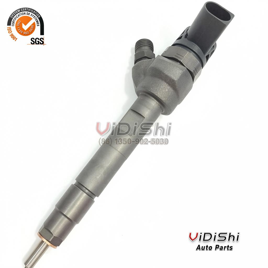 A 0445110478 common rail injector tilted diagonally with its spray tip toward the upper right