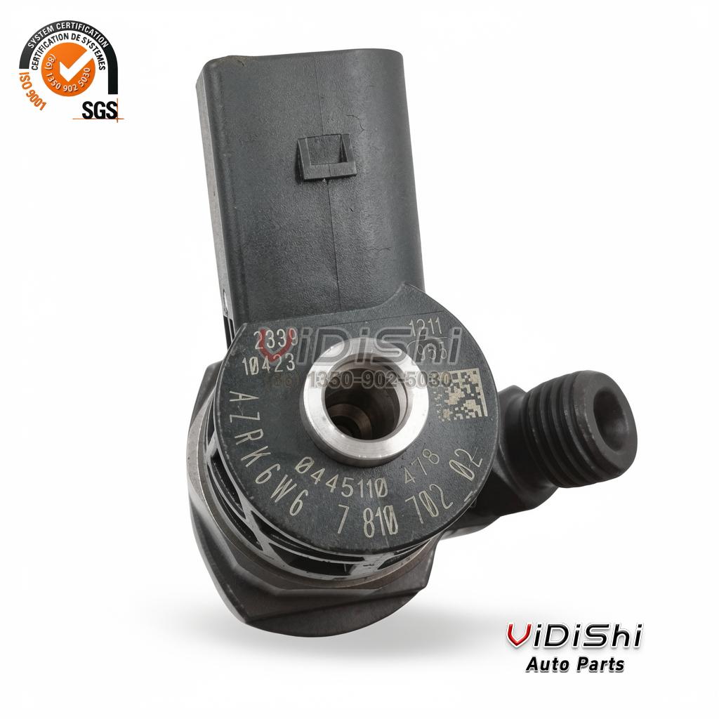 0445110478 Injector Replacement for BMW N47 N57 Diesel 6 Close view of a 0445110478 injector solenoid head carrying the stamped part number and a data matrix code