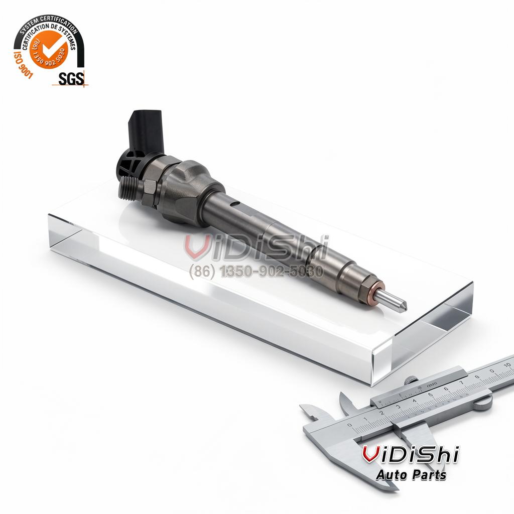 All Products 9 A 0445110478 injector held at an angle with the machined body shank and the nozzle nut in view