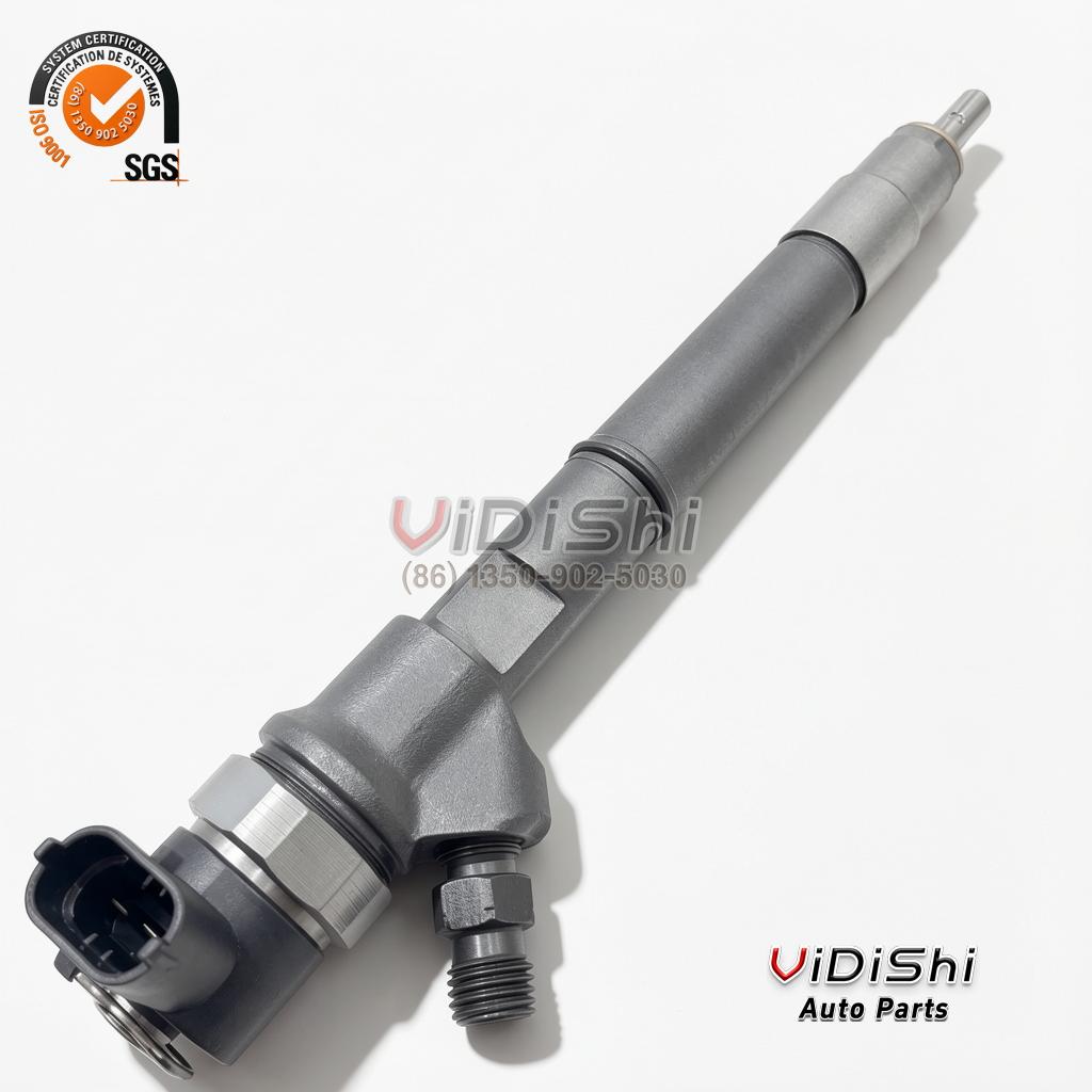 A 0445110502 common rail injector tilted diagonally with its spray tip toward the upper right