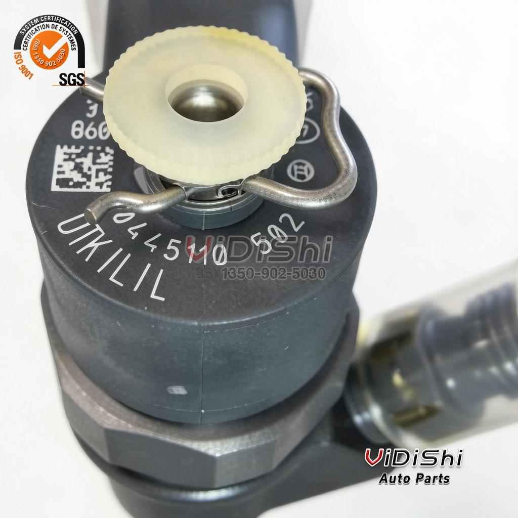 0445110502 Injector Replacement for UAZ Hunter 2.0 CD Engine 6 Close view of a 0445110502 injector solenoid head carrying the stamped part number and a data matrix code