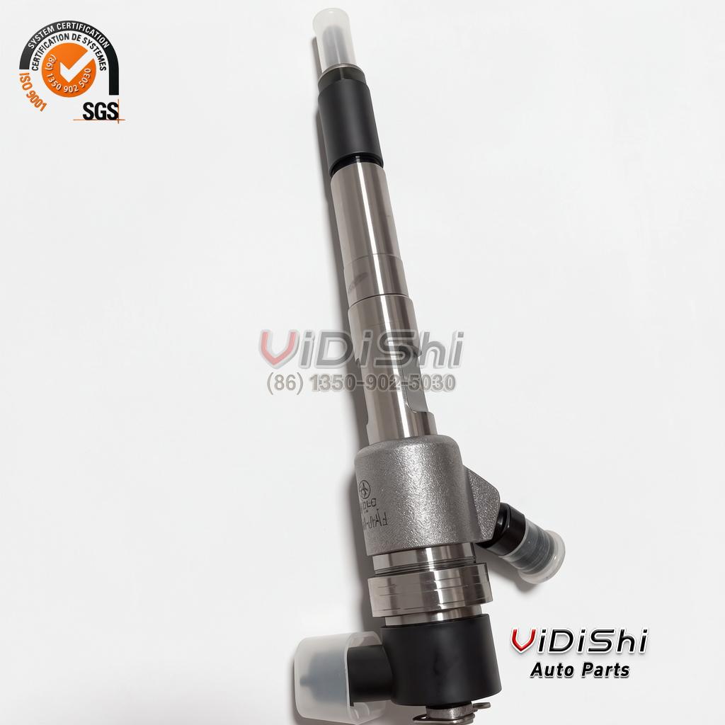 All Products 9 A 0445110502 injector held at an angle with the machined body shank and the nozzle nut in view