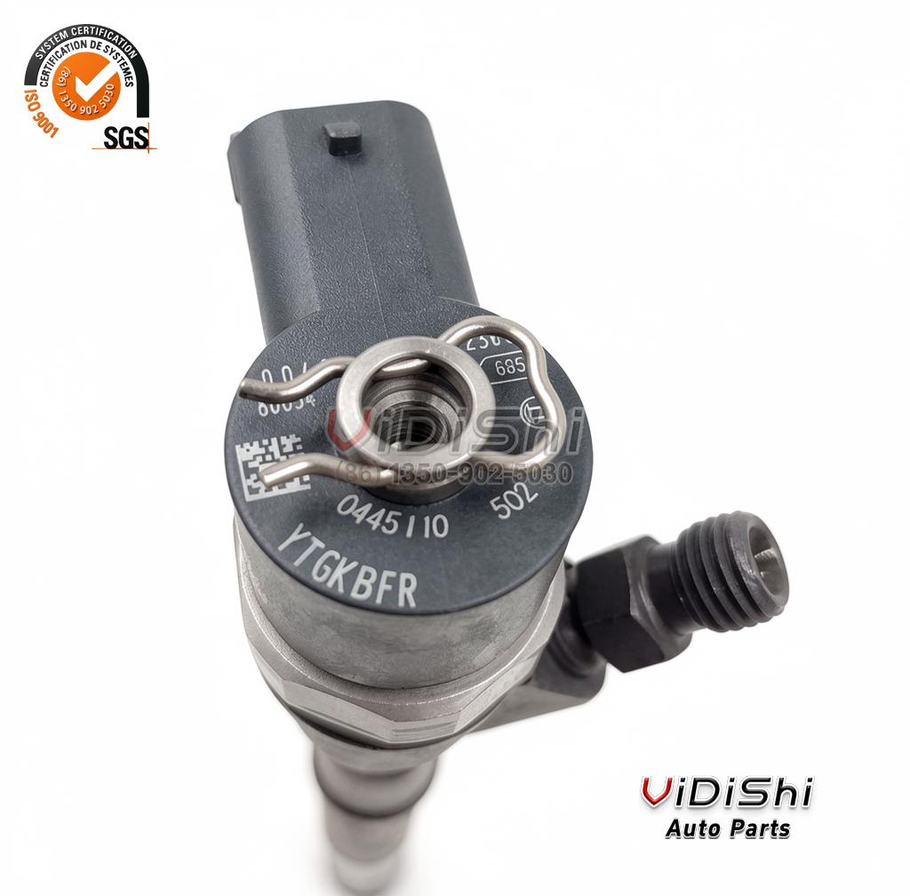 All Products 10 Top of a 0445110502 injector showing the printed label ring reading 0445 110 502 and the data matrix code