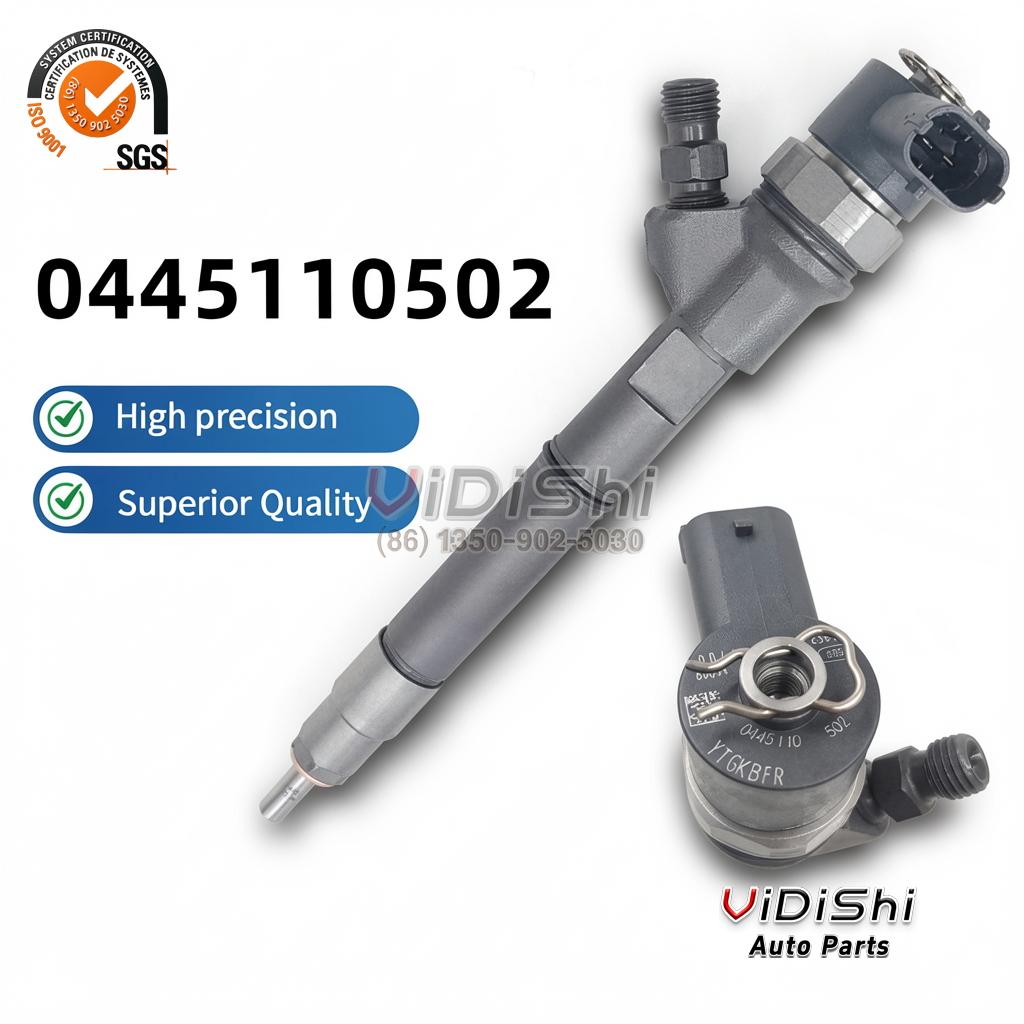 All Products 8 A 0445110502 product card carrying the part number beside a complete injector and its solenoid end
