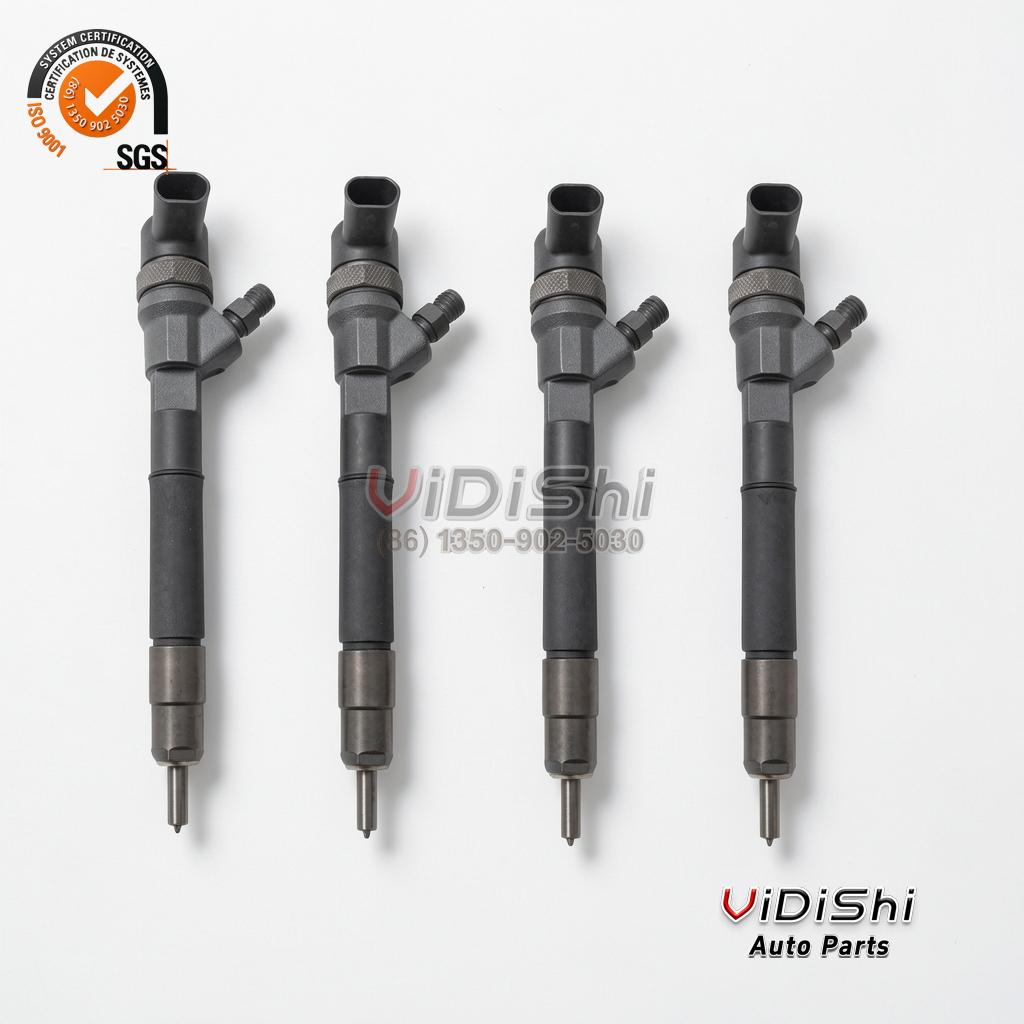 0445110502 Injector Replacement for UAZ Hunter 2.0 CD Engine 5 Four 0445110502 injectors standing in a row with their connectors up and tips down