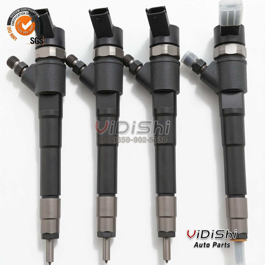 0445110520 Common Rail Injector Replacement for Bosch 0445110418 4 Four 0445110520 injectors lined up in a row with their inlet fittings and tips all in view