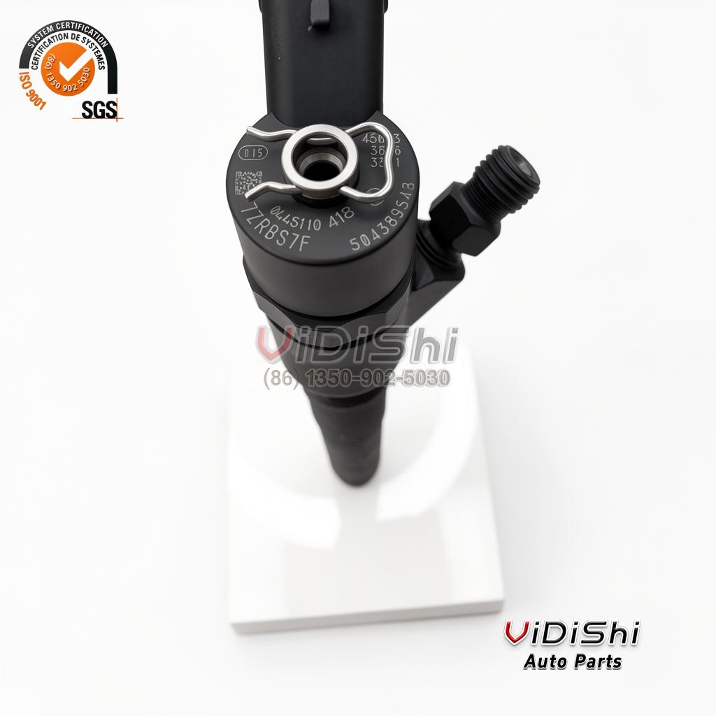 A 0445110520 diesel injector standing upright with its nozzle end down on a white base
