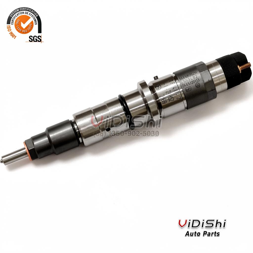 A 0445120030 common rail injector tilted diagonally with the body number stamped on the machined shank