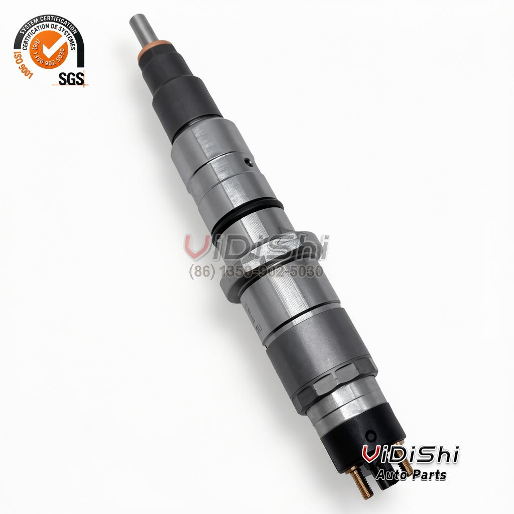 A 0445120030 injector standing vertically with the machined body shank and the nozzle nut in view