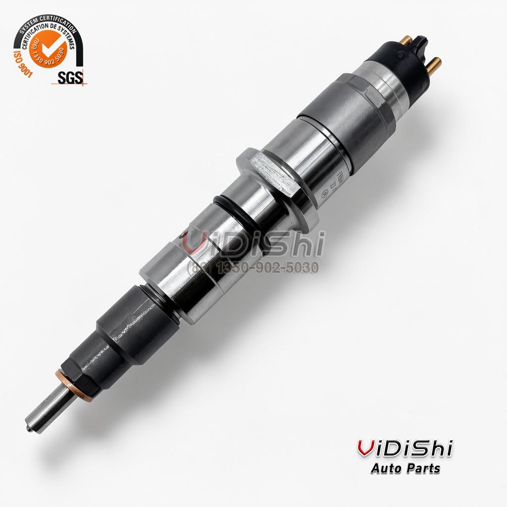 A 0445120030 injector angled to show the machined body, the inlet union and the solenoid connector