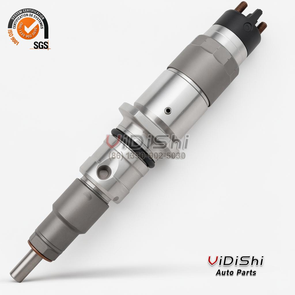 A 0445120030 injector angled to show the threaded inlet union, the body shank and the spray tip together