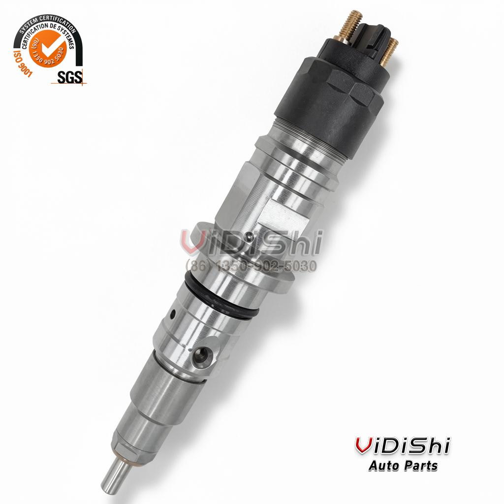 0445120054 Common Rail Diesel Fuel Injector for IVECO EuroCargo and Tector, Bosch CRIN2 Replacement 5 Angled close-up of compatibility common rail diesel injector 0445120054 with two copper electrical posts on the solenoid end