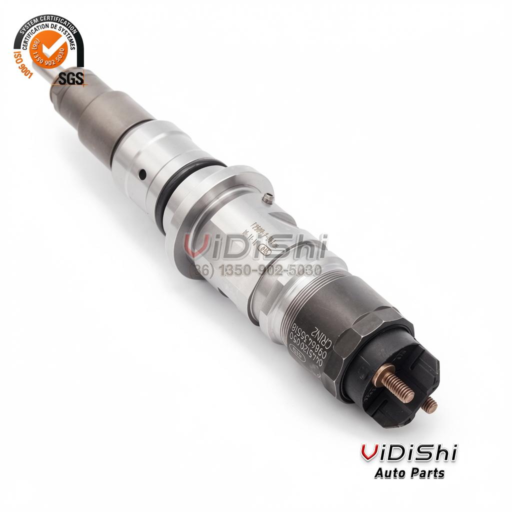 0445120054 Common Rail Diesel Fuel Injector for IVECO EuroCargo and Tector, Bosch CRIN2 Replacement 3 45-degree view of compatibility common rail diesel injector 0445120054 with machined valve body and electrical post
