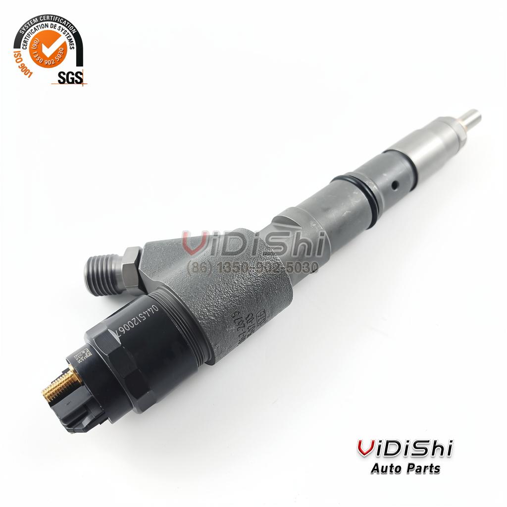 A 0445120067 common rail injector tilted diagonally with the inlet union toward the upper right