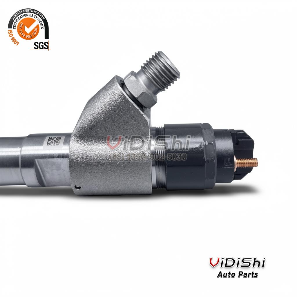 A 0445120067 injector angled to show the machined body, the threaded inlet union and the black solenoid head