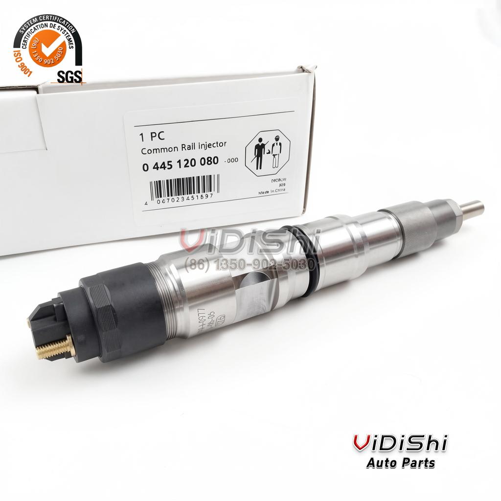 0445120080 Common Rail Injector for Doosan DL06 65104017004A 6 0445120080 injector packed in front of its labelled export carton