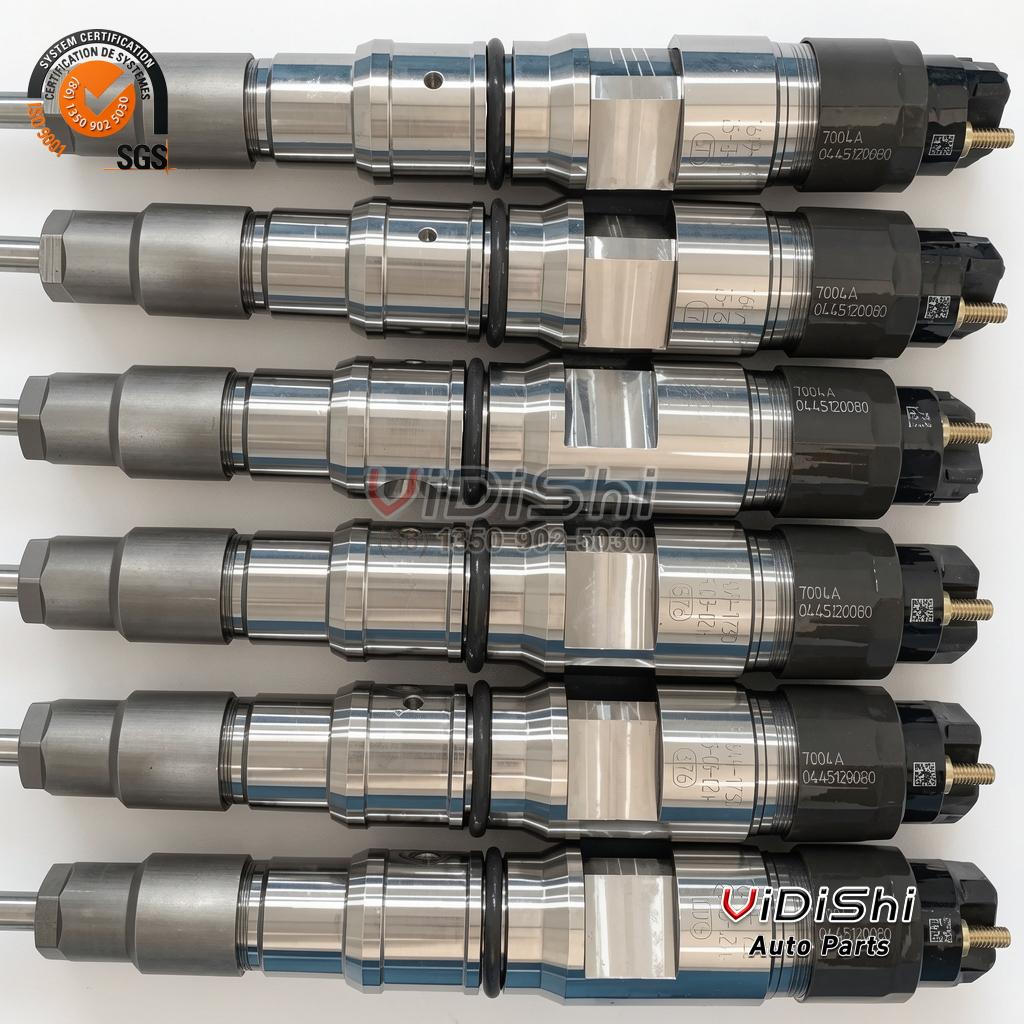 All Products 13 row of six 0445120080 injectors lined up for batch inspection