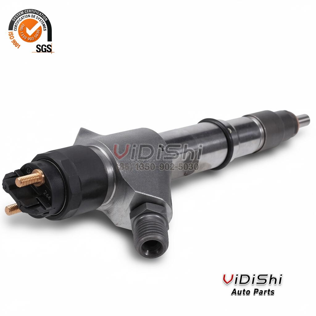 A 0445120150 common rail injector shown at a three-quarter angle with the black solenoid cap in view