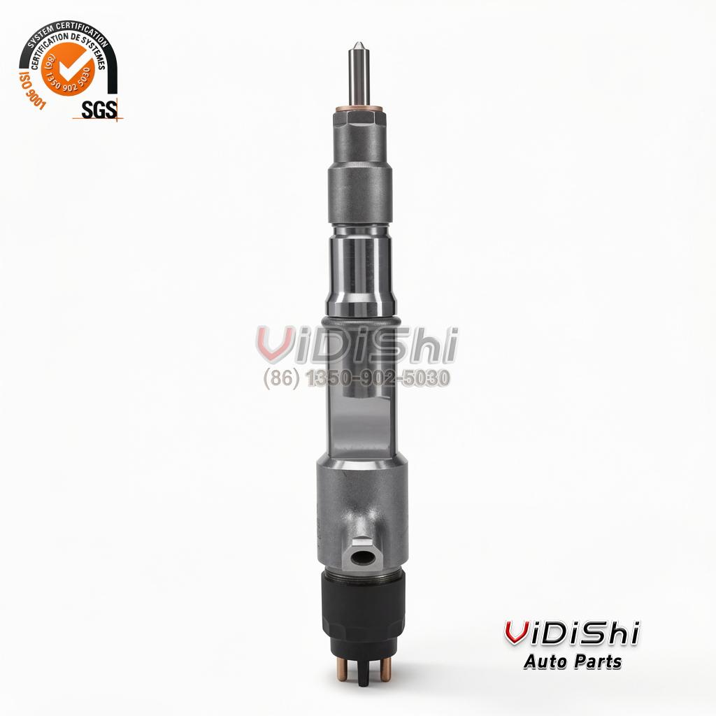 0445120150 Common Rail Injector CRIN2 for Weichai WP6 4 Upright profile of a 0445120150 injector with the nozzle end at the top and the cap at the bottom