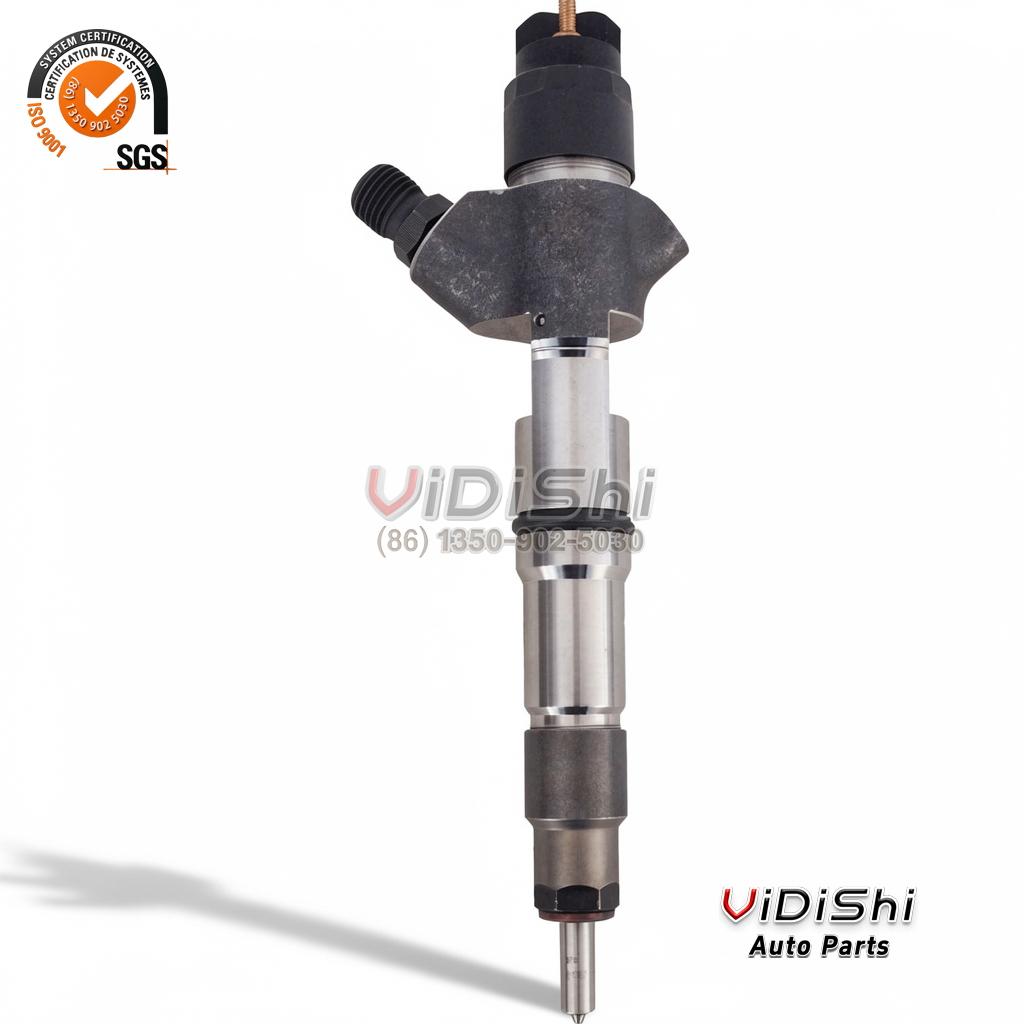 0445120227 injector standing upright on white, solenoid head and brass terminal uppermost, nozzle end low with copper washer