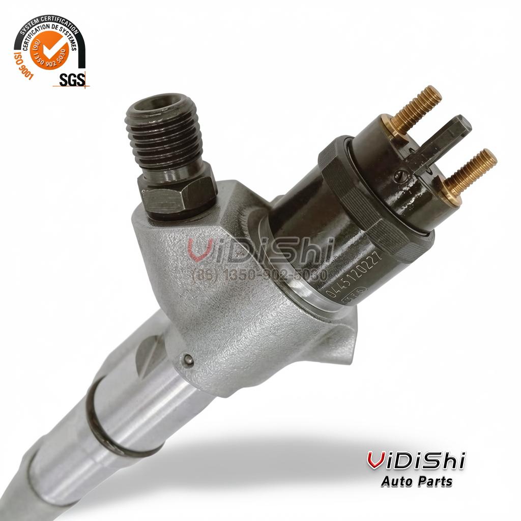 0445120227 Common Rail Injector for Weichai WP10 and WP12 2 0445120227 injector close up at an angle, laser etch 0 445 120 227 on the valve body beside the two pin connector
