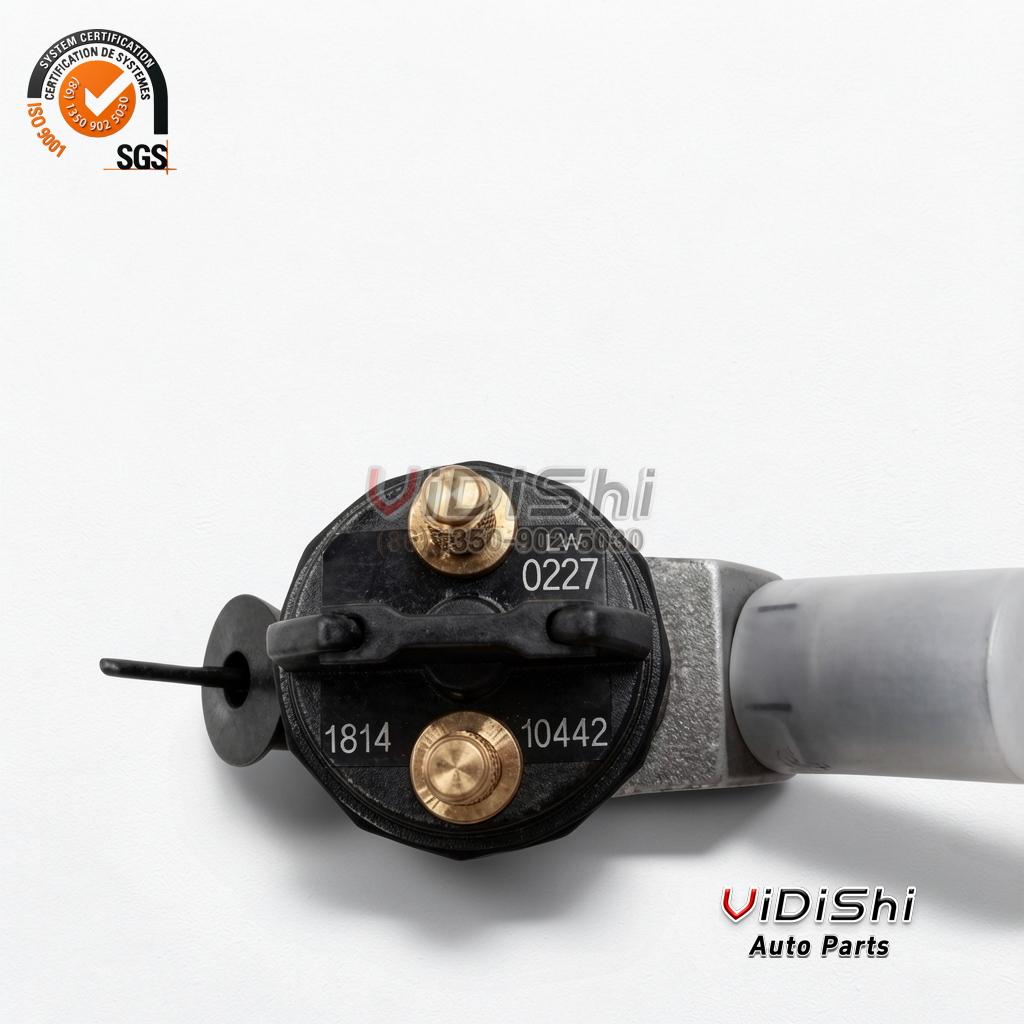 0445120227 Common Rail Injector for Weichai WP10 and WP12 3 0445120227 injector connector face, printed block over the 0227 line with a batch line beneath and two brass pins