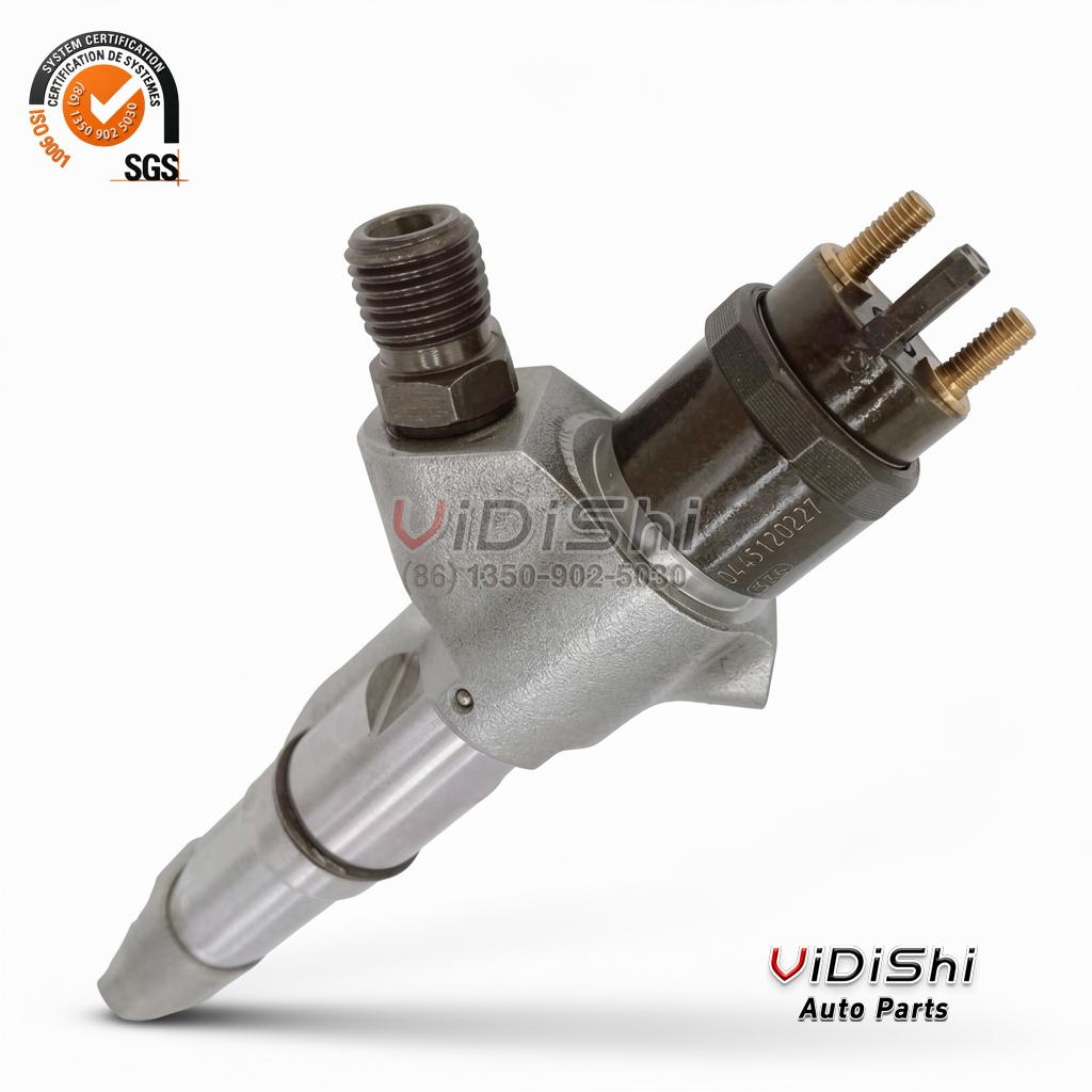 0445120227 Common Rail Injector for Weichai WP10 and WP12 4 0445120227 injector solenoid body at an angle, part number etch running across the body with the inlet thread to the left
