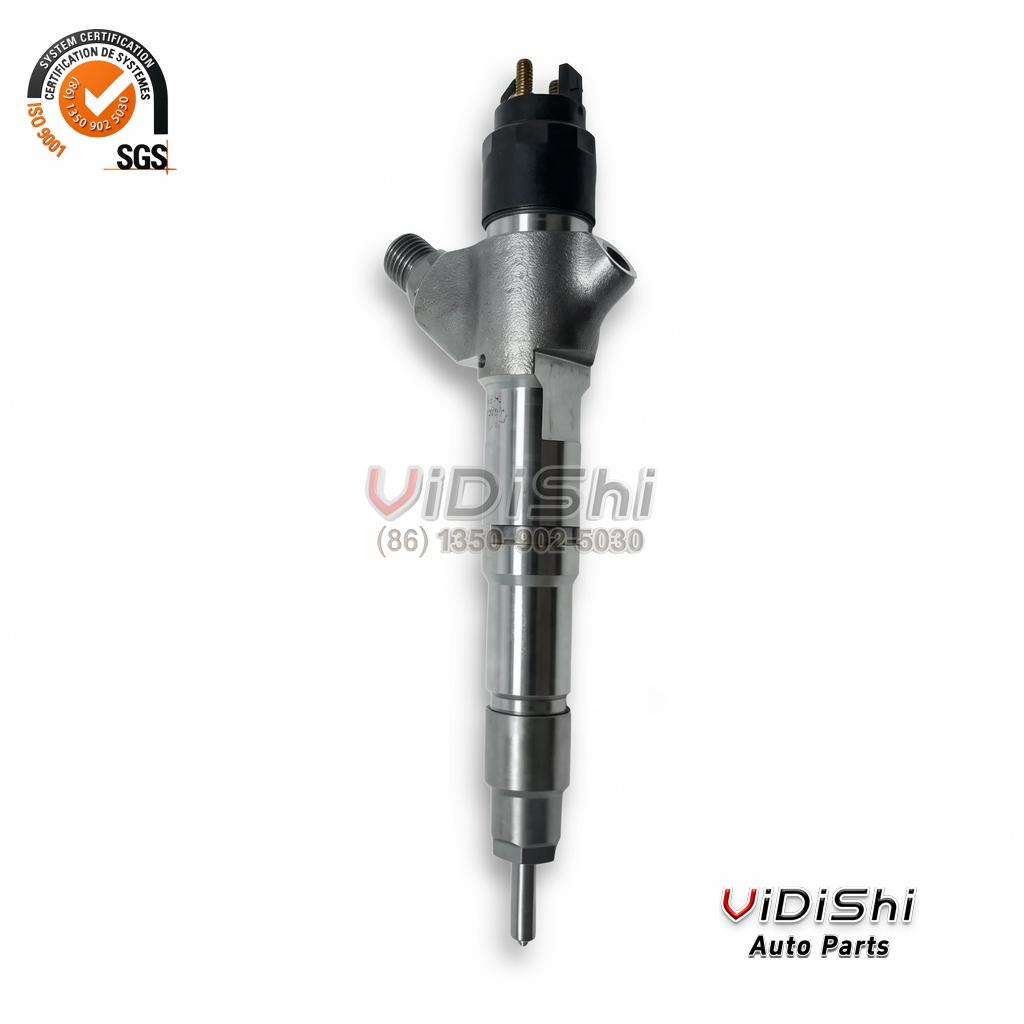 0445120227 Common Rail Injector for Weichai WP10 and WP12 5 0445120227 injector laid flat full length, solenoid head to nozzle tip with O ring groove and locating shoulder