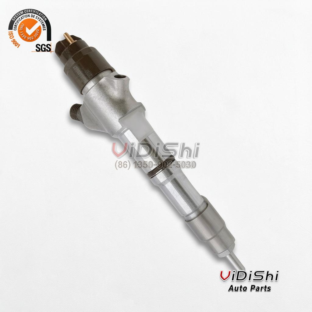 0445120227 Common Rail Injector for Weichai WP10 and WP12 6 0445120227 injector upright on white with a white plastic guard cap fitted over the mid body for transit