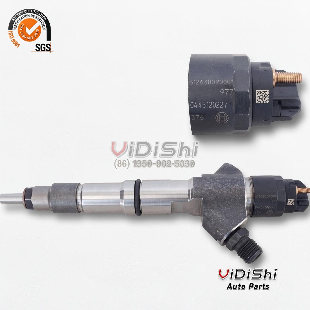 All Products 12 0445120227 injectors photographed as a pair, upright unit showing the hex etch block with the Bosch mark and data matrix code