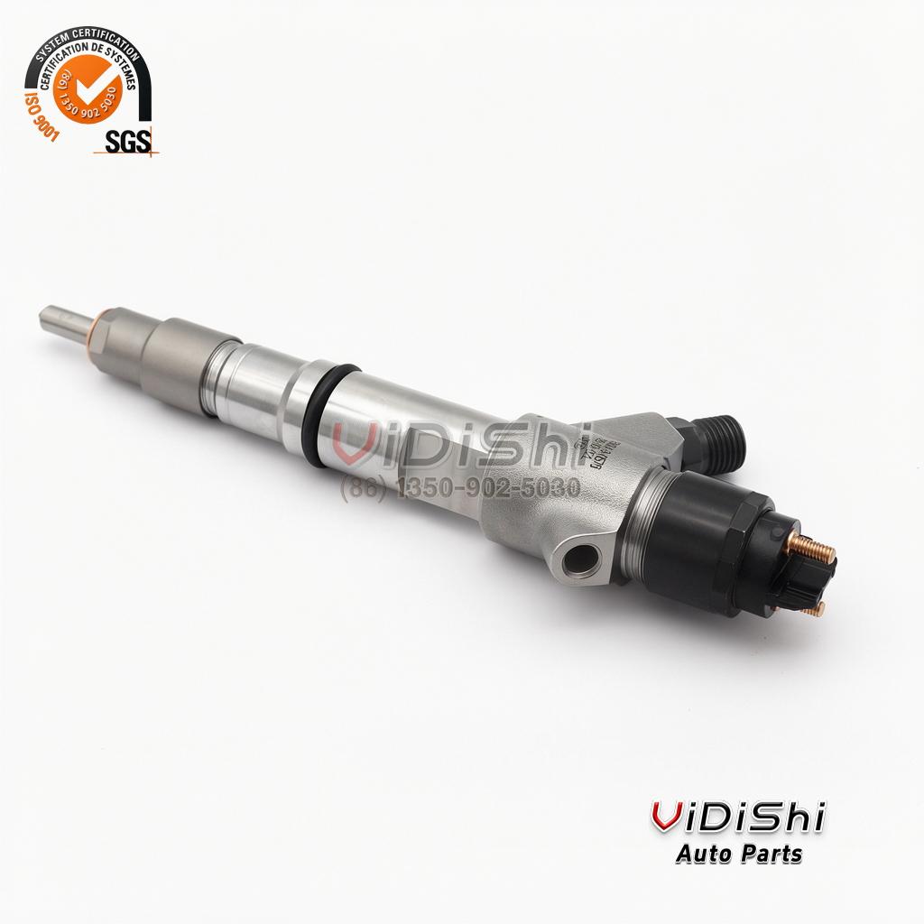 All Products 13 0445120227 injector side view at an angle, nozzle end towards lower left with the copper sealing washer visible